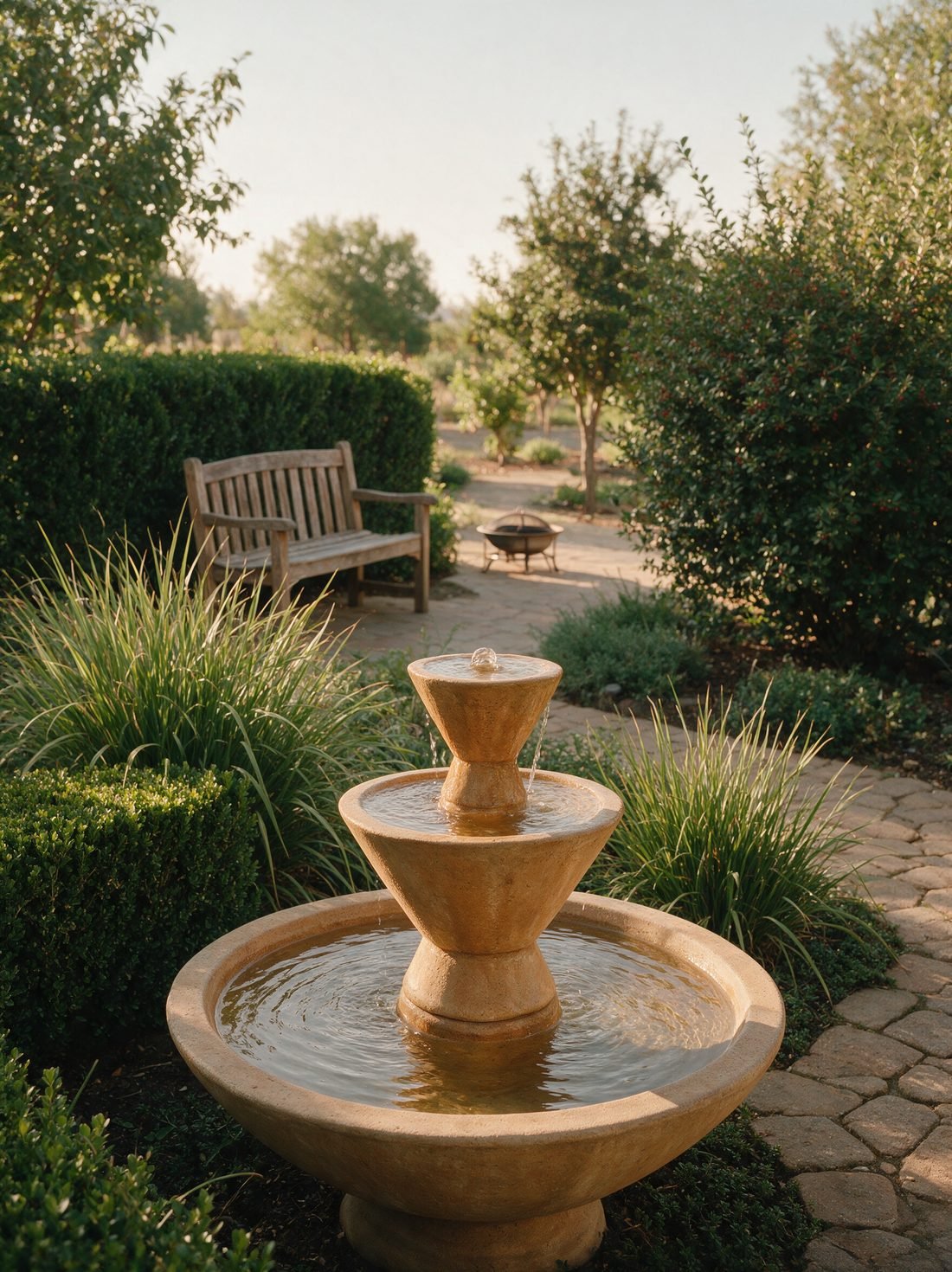 A tiered stone water fountain set in a planted garden bed with boxwood and ornamental grasses, a paver path and a weathered timber bench behind it.
