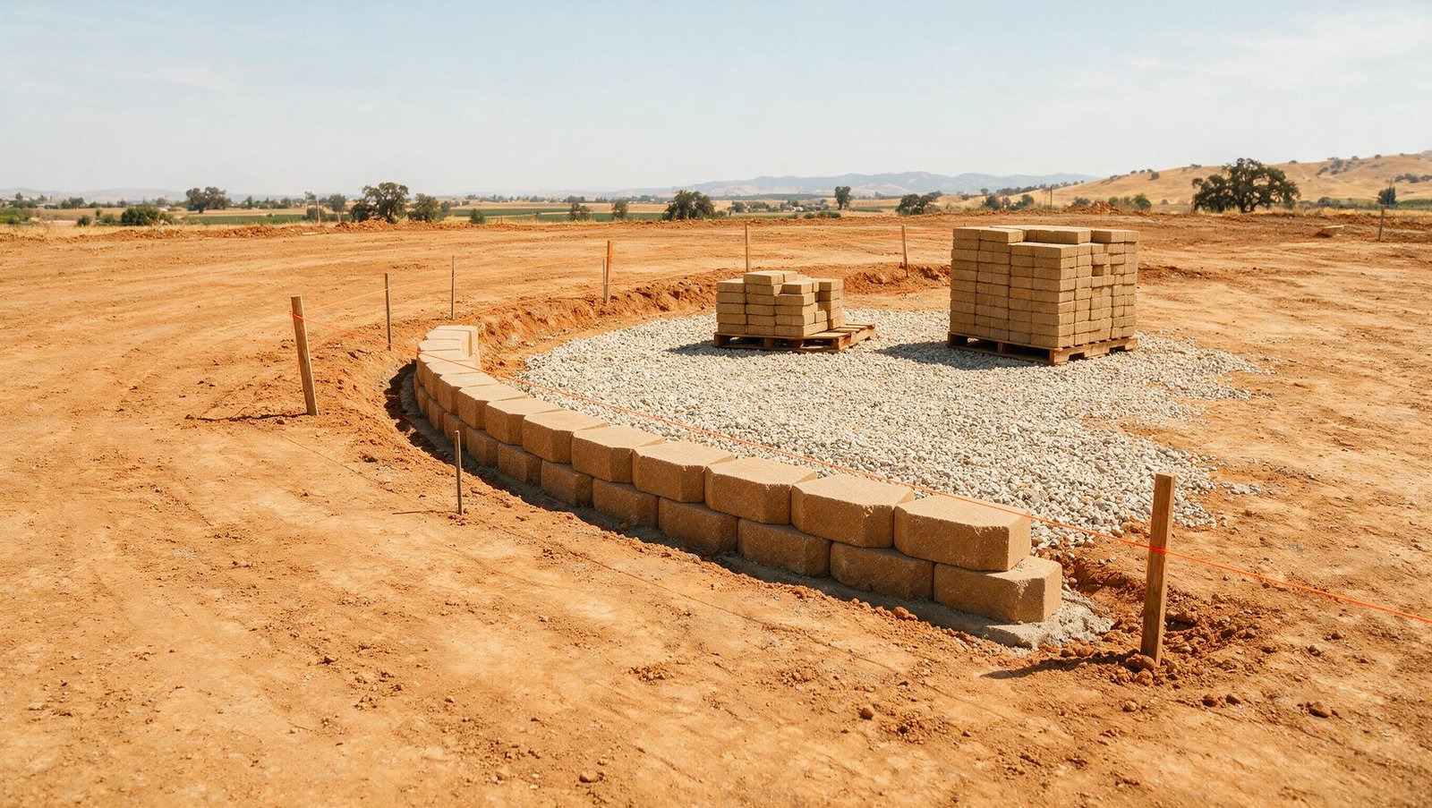 A residential lot mid-project: freshly graded earth, string lines and stakes marking a future patio, the first course of a block retaining wall set on crushed rock, and pallets of pavers waiting.