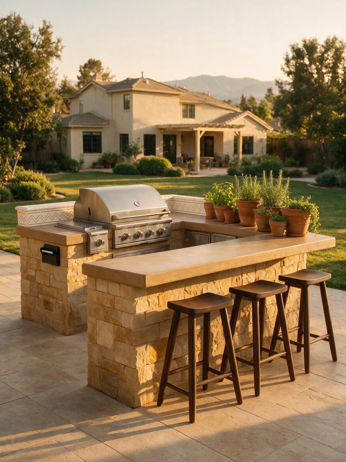A built-in outdoor kitchen island clad in stone veneer with a stainless built-in grill, a concrete bar counter, three stools and potted herbs.