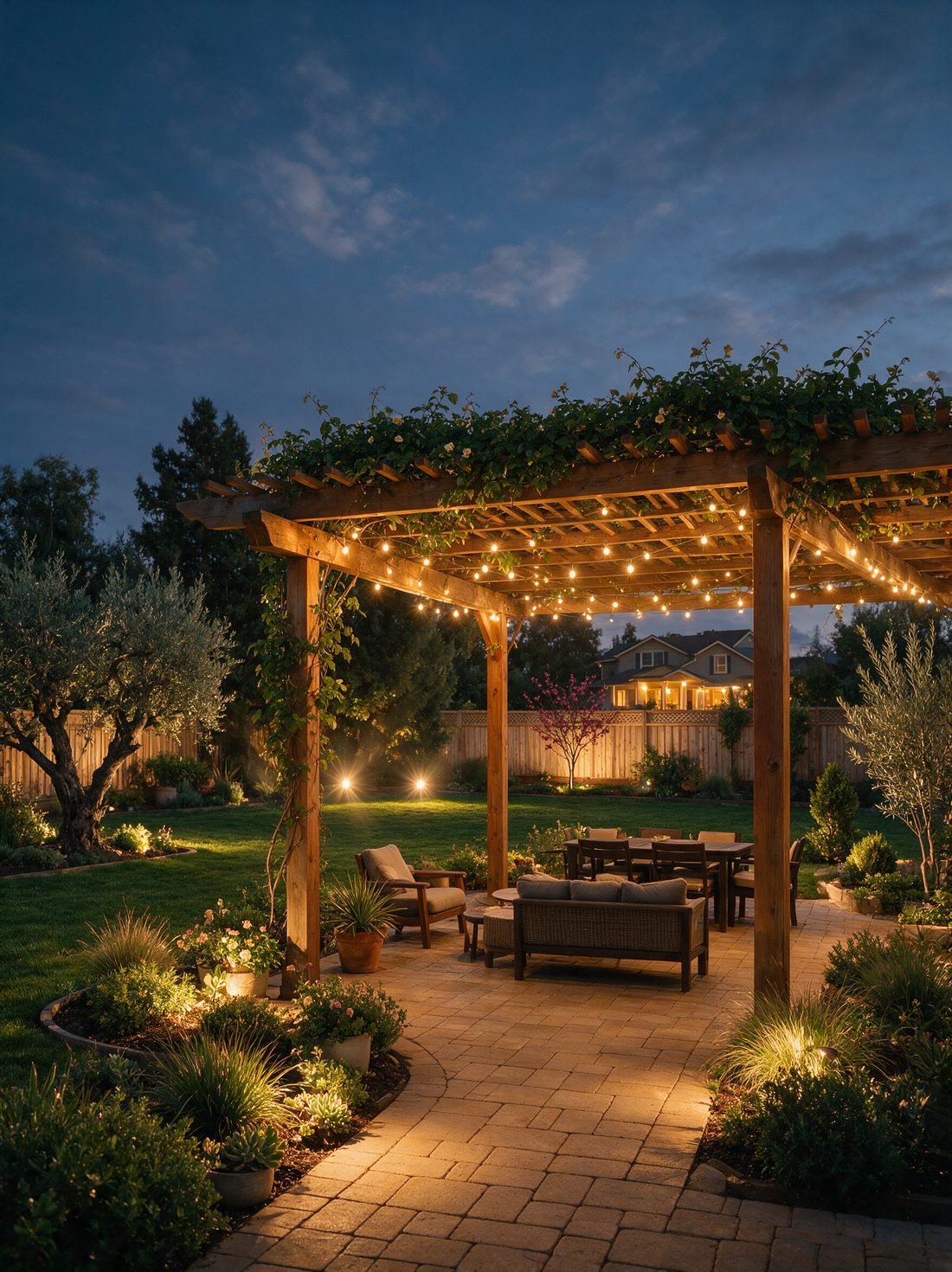A cedar pergola over a paver patio at dusk, lit with warm string lights and low landscape uplighting, with climbing vines overhead.
