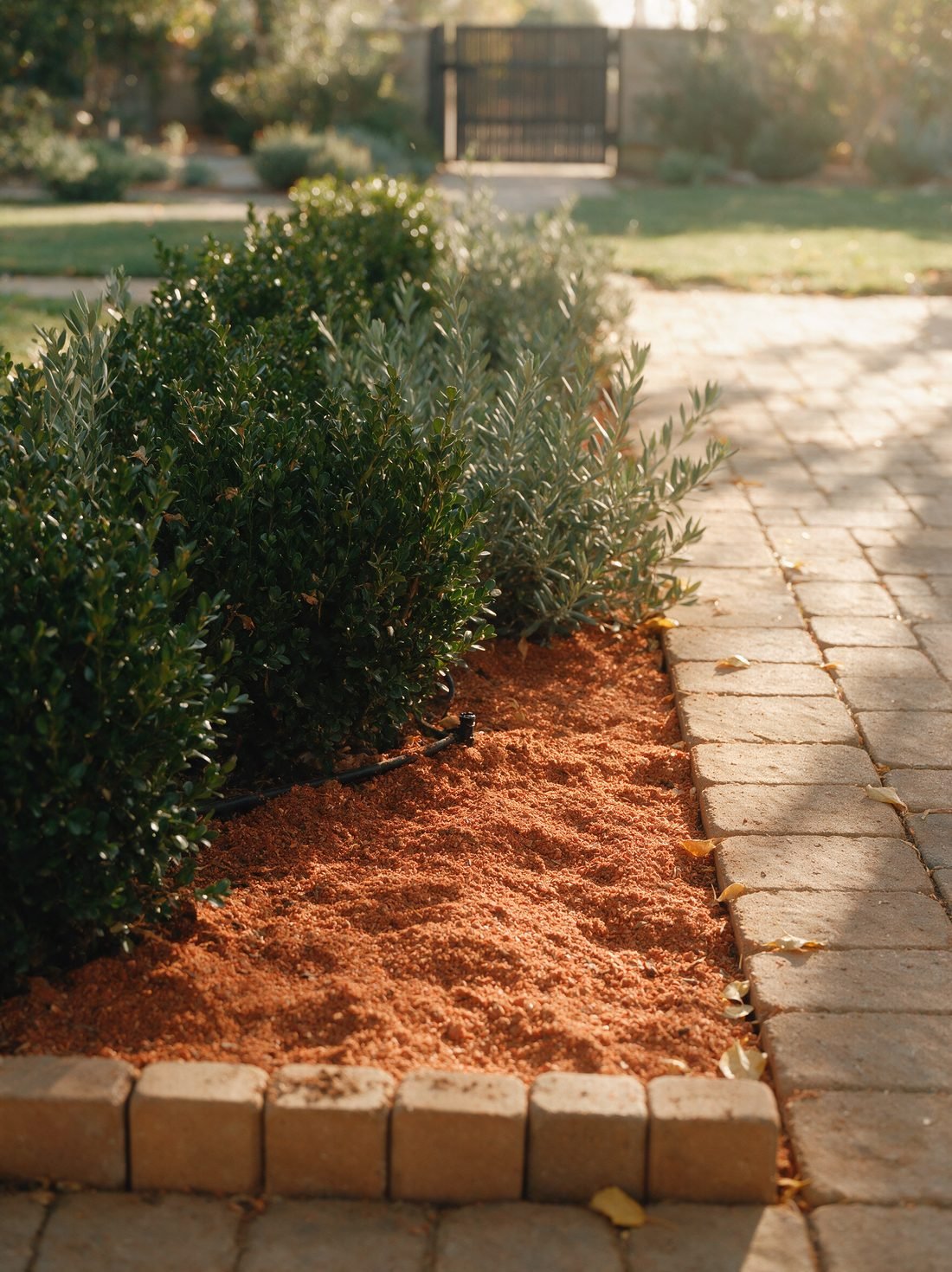 A freshly planted border along a paver walkway, with layered green shrubs, silver-green olive foliage, terracotta-toned mulch and a drip irrigation line at the soil.