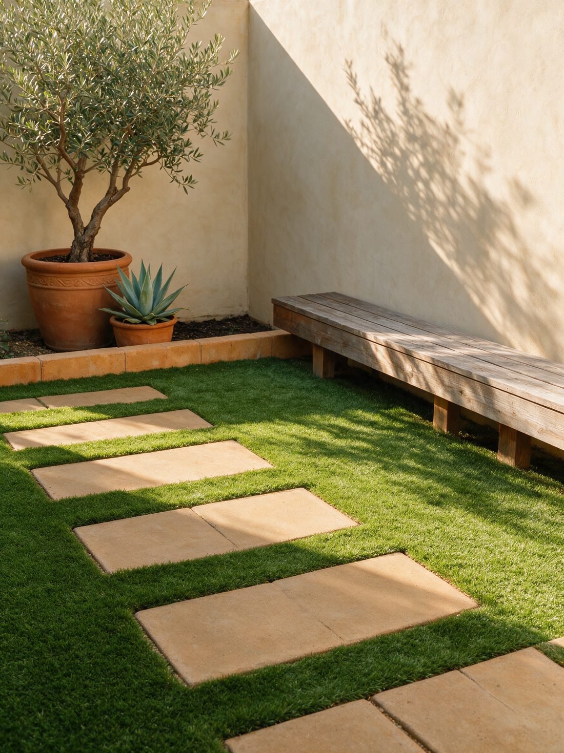 A small courtyard with grass laid between large square concrete stepping stones, a clay-toned border, potted olive and agave, and a low cedar bench.