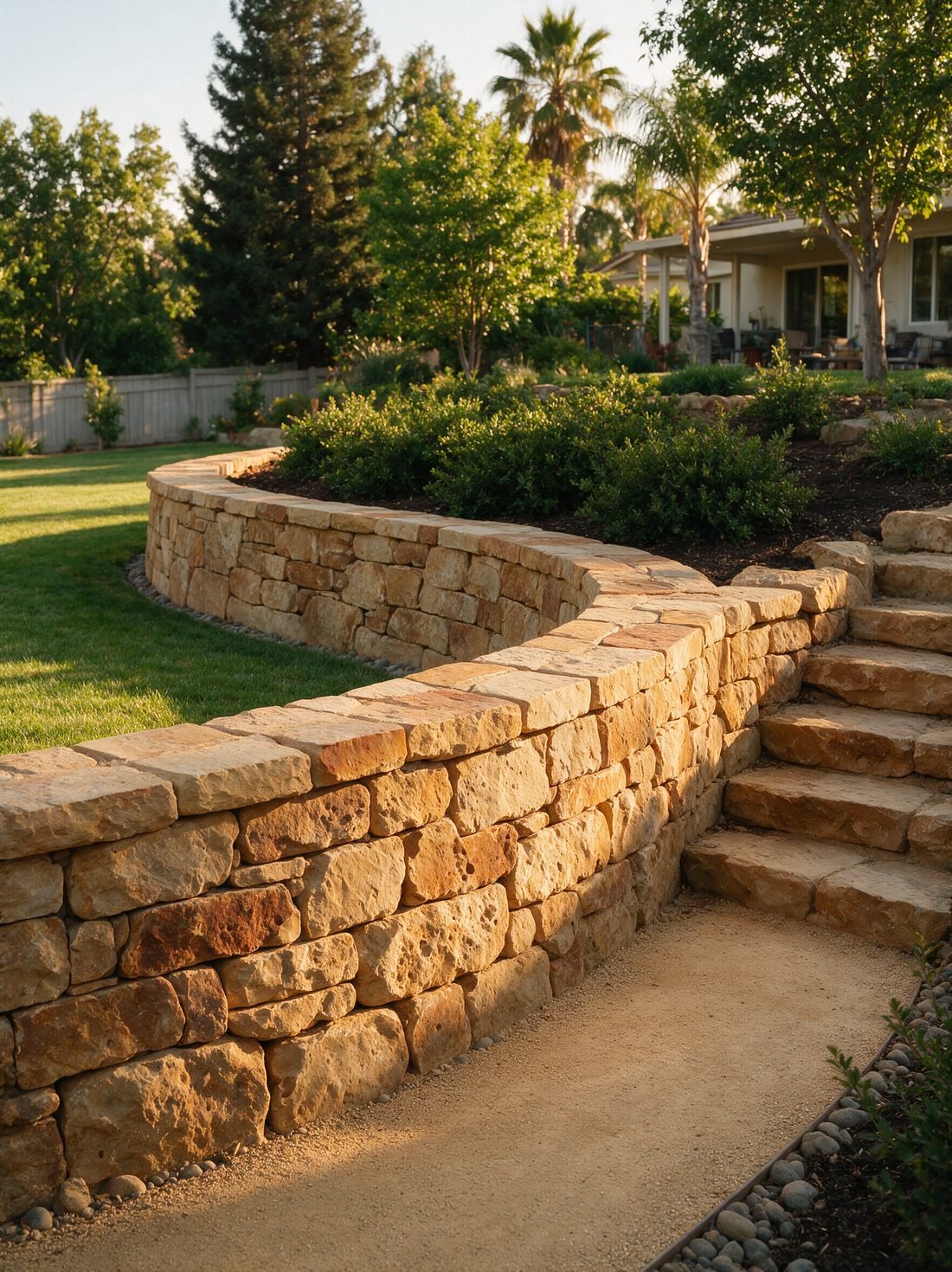 A curved dry-stacked sandstone retaining wall terracing a sloped yard, with clipped shrubs planted above it and a decomposed granite path below.